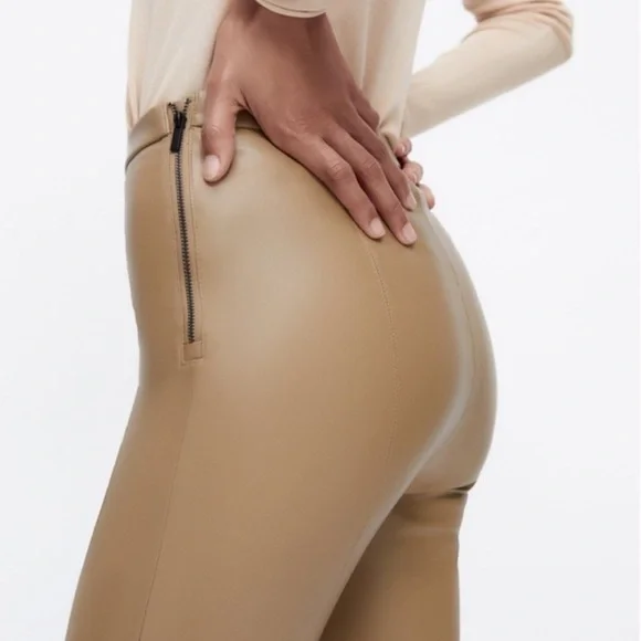 Zara Tan Faux Leather Split Hem Pants Side Zip High Rise Vegan Leather XS NWT - Picture 6 of 7